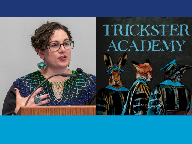 Collage with photo of Jenny Davis and cover of "Trickster Academy" book